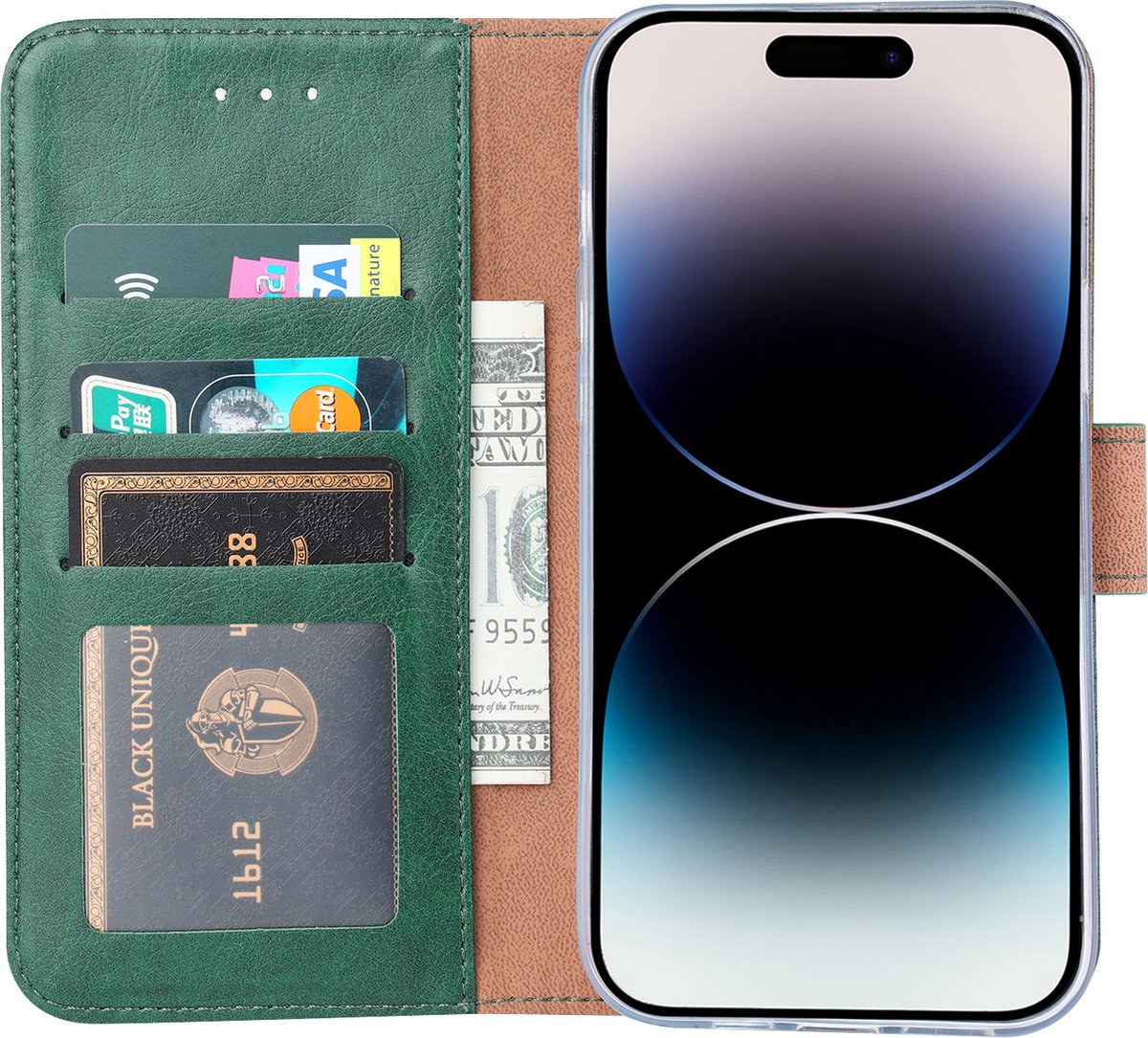 BixB bookcase iPhone 14 Pro Max hoesje met pasjeshouder Wallet case booktype - Groen