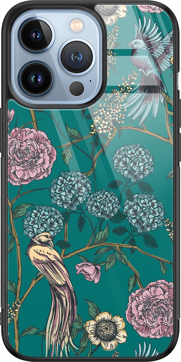 Hoesje geschikt voor iPhone 13 Pro - Vogels Japanse bloemen - Luxe Hard Case - Planten - Groen - Mooie Telefoonhoesjes