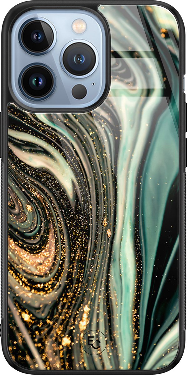 Hoesje geschikt voor iPhone 13 Pro - Marble khaki - Luxe Hard Case - Marmer - Groen - Mooie Telefoonhoesjes
