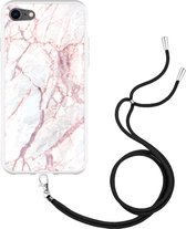 iPhone SE 2022 Hoesje met Koord White Pink Marble - Designed by Cazy