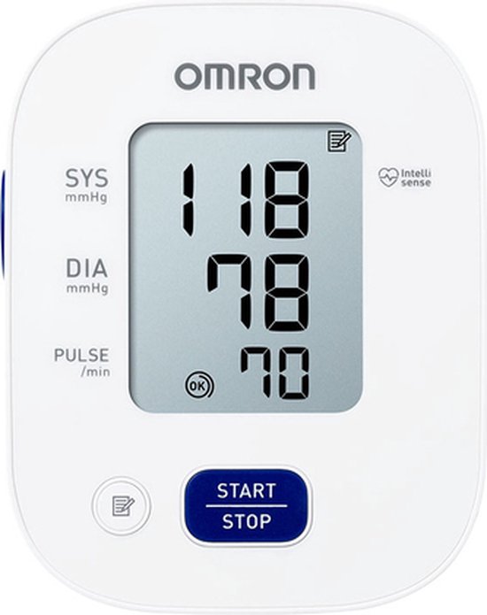 Witte Omron bloeddrukmeter met scherm dat 118/78 en 70 toont.