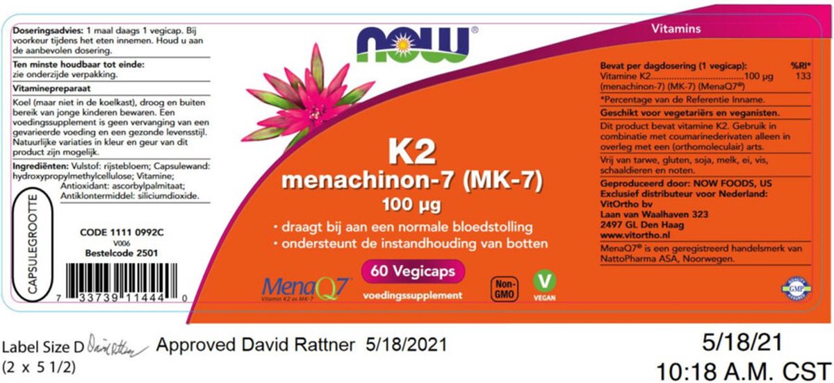 Goedkoopste NOW K2 Menachinon-7 (MK-7) 100mcg 60 Vegetarische capsules
