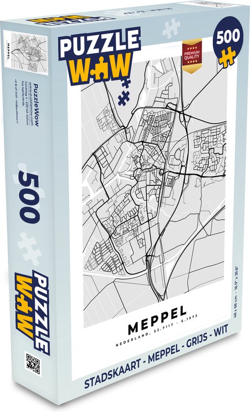 Puzzel Stadskaart - Meppel - Grijs - Wit - Legpuzzel - Puzzel 500 stukjes - Plattegrond