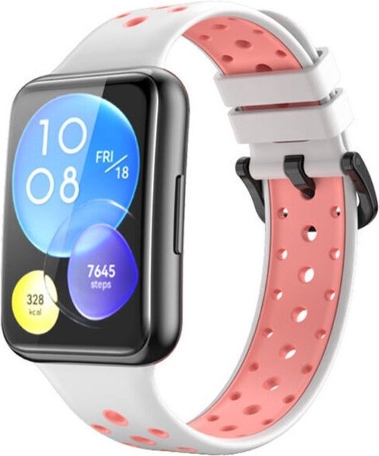 Siliconen Smartwatch bandje - Geschikt voor Huawei Watch Fit 2 sport bandje - wit/roze - Strap-it Horlogeband / Polsband / Armband