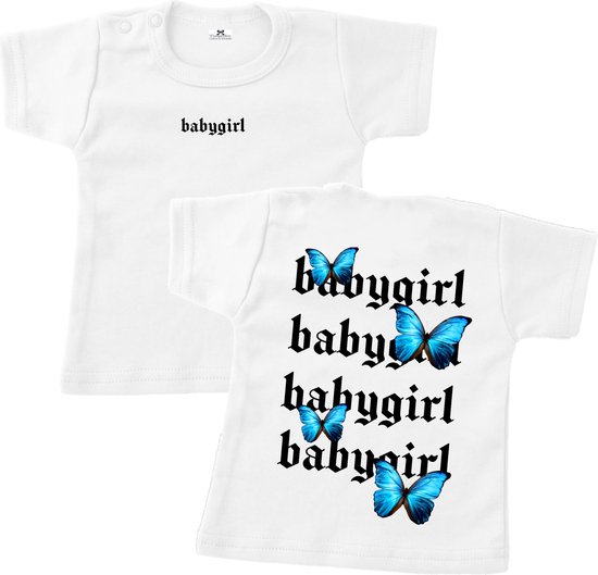 Shirt meisje - Vlindertjes - wit-blauw- Korte mouwen - Maat 68