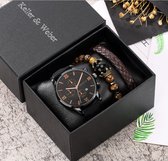 Fiory Horloge/Armband set | Keller & Weber| 1 horloge zwarte band| 1 leren armband donkerbruin| 1 kralenarmband bruin met zwart| cadeauset 3 stuks