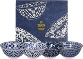Tokyo Desig Studio - Mixed Bowls - Blue Designs - 15x7 cm, 550 ml - Set van 4 kommen in luxe geschenkdoos