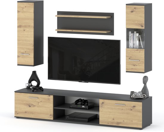 Tv meubel Set WOW - Antraciet/Eiken 205 cm - Tv Kast Kast Wandmeubel |