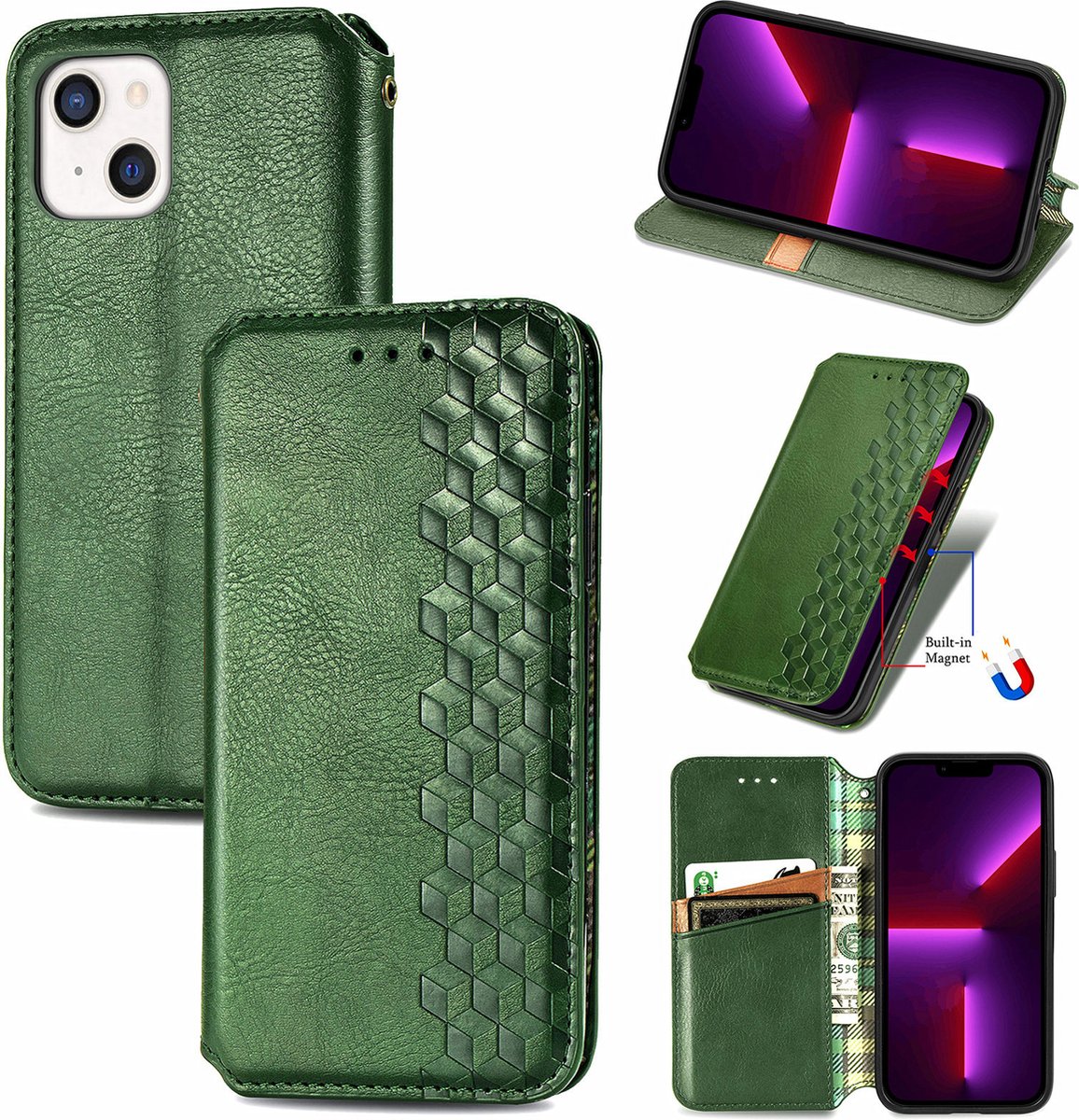 Luxe PU Lederen Ruitpatroon Wallet Case + Screenprotector voor iPhone 13 _ Groen