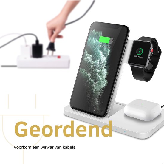 Chéroy 3-in-1 Draadloze Oplader - Wit - 15W Qi Oplaadstation - Geschikt voor MagSafe iPhone, Apple Watch, AirPods - iOS & Android - Chéroy