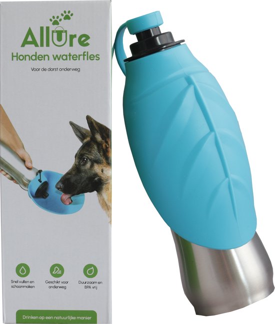 Allure Pets - Honden waterfles RVS | Draagbare Honden Drinkfles | Doseerfles voor Honden | Waterfles voor onderweg met de Auto- wandelen | Sillicone drinkgedeelte | Honden Bidon | Lek vrij | Roestvrij staal | 600ml | Blauw