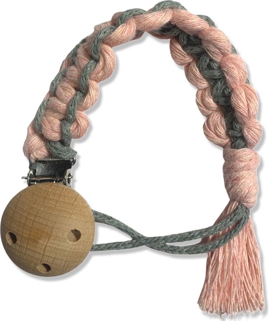 Attache tétine ' Alpha' - Rose et Vert Menthe - Katoen - Macramé - Fait à la Handgemaakt aux Nederland
