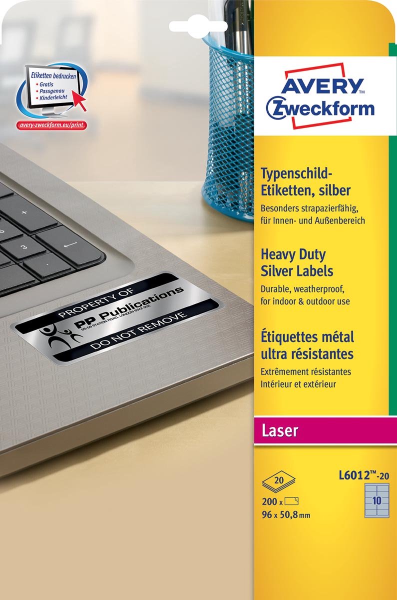 Avery ultra-sterke zilverkleurige etiketten ft 96 x 50,8 mm (b x h), 200 stuks, 10 per blad 5 stuks