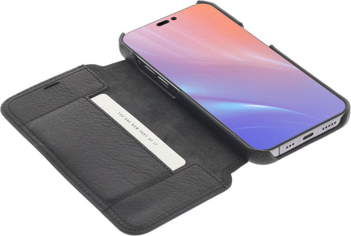 Minim Hoesje Wallet Book Case Echt Leer Zwart Geschikt voor Apple iPhone 14 Pro