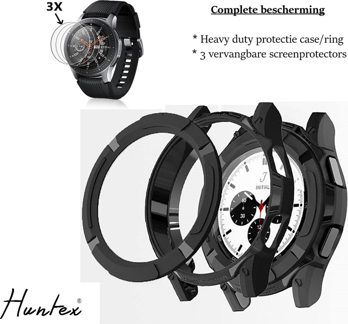 Huntex Beschermingsset Geschikt Voor Samsung Galaxy Watch4 Classic 46mm - INCLUSIEF 3 Geharde Screenprotectors Voor Krasvrije Horloge - Heavy Duty 360 Graden - BumperCase - Beschermkap - Beschermhoesje