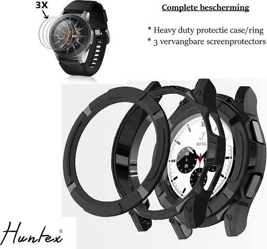 Huntex Beschermingsset Geschikt Voor Samsung Galaxy Watch4 Classic 46mm - INCLUSIEF 3 Geharde Screenprotectors Voor Krasvrije Horloge - Heavy Duty 360 Graden - BumperCase - Beschermkap - Beschermhoesje