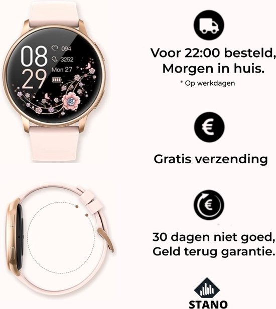 Stano® Smartwatch Dames Rosé Goud / Roze - 2022 model met Belfunctie en Hartslagmeter - Smartwatch Android en IOS - Full HD Kleurenscherm - Smartwatches 44mm