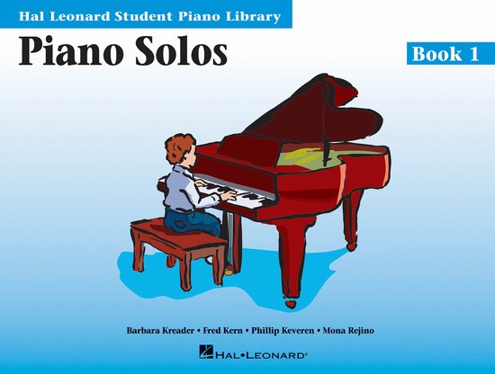 Couverture bleue avec "Piano Solos Book 1" en gros caractères, illustrant un garçon jouant du piano.