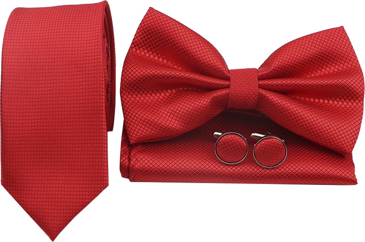 Sorprese Stropdas Set - Ruit - Rood Smal - inclusief strik pochet en manchetknopen - stropdassen voor heren - vlinderdas - Cadeau