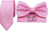 Sorprese Stropdas Set - Ruit - Roze Smal - inclusief strik pochet en manchetknopen - stropdassen voor heren - vlinderdas