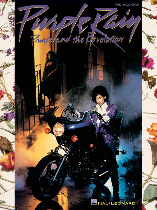 Prince op een motor, met de titel 'Purple Rain' erboven. Een vrouw staat op een trap.