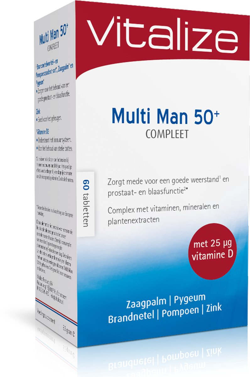 Goedkoopste Vitalize Multi Man 50 Compleet 60 tabletten | Ondersteunt een goede weerstand - Zorgt mede voor het behoud van de prostaat- en blaasfunctie¹