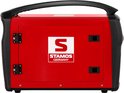Gesloten rood Stamos lasapparaat met een zwarte handgreep en het logo 'S STAMOS GERMANY'.