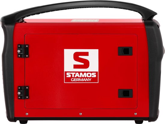 Gesloten rood Stamos lasapparaat met een zwarte handgreep en het logo 'S STAMOS GERMANY'.