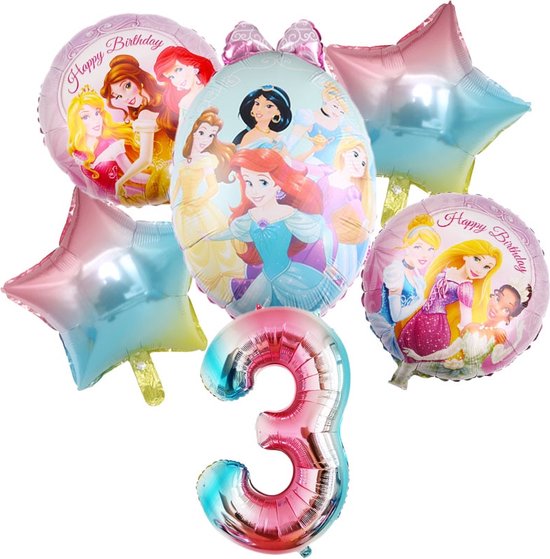 Prinsessen Verjaardag Ballonnen - 3 jaar - 6st - Prinsessen Feestpakket - Disney Versiering - Ariel / Sneeuwwitje / Rapunzel / Assepoester / Jasmine / Belle / Tiana - Themafeest Disney Princess Folieballonnen - Heliumballonnen - 3 Jaar Ballon