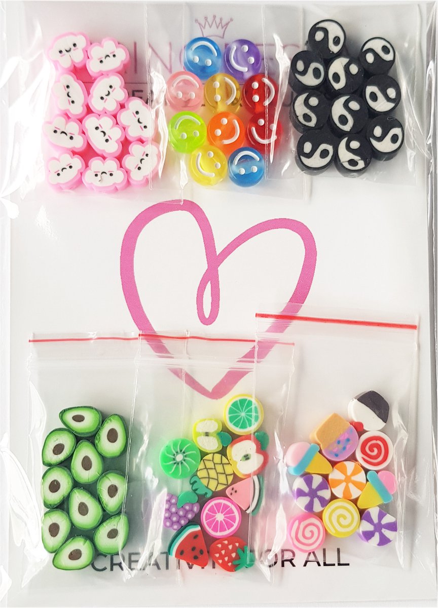 Principessa Wolkjes, Smileys, Avocado’s, Fruit, Snoep en IJsmix kralenset – Unieke mix 75 stuks – Regenboogkleuren – 10mm kralen – Acryl en Polymeer klei — afbeelding 3