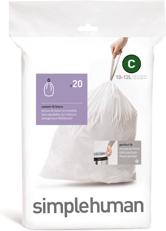Simplehuman Code C Afvalzakken - 12 liter - 20 stuks - met Trekband - Wit