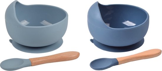 2 Stuks - Baby Kommetjes Bordjes met Zuignap met Lepel - Blauw - Siliconen Kom Onbreekbaar