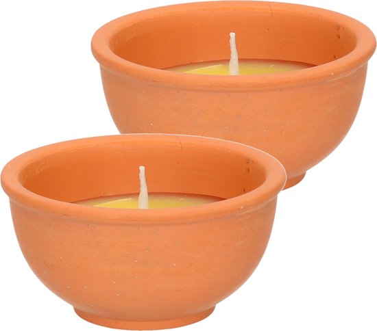 Citronella kaarsen in terracotta schaaltje - 2x - 11 branduren - citrusgeur