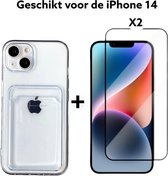 iphone 14 hoesje siliconen antischok met pas houder doorzichtig back cover + 2x screen protector 9H - apple iphone 14 hoesje siliconen proof case met card houder transparant achterkant +2 tempered glas 9H