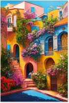 Graphic Message - Peinture sur toile - Maisons Fleurs - Coloré - Méditerranée - Rue