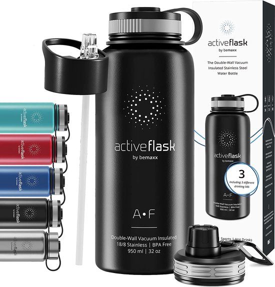 Drinkfles RVS 1 Liter 500 ml ACTIVE FLASK + 3 Drinkdoppen BPAVrij