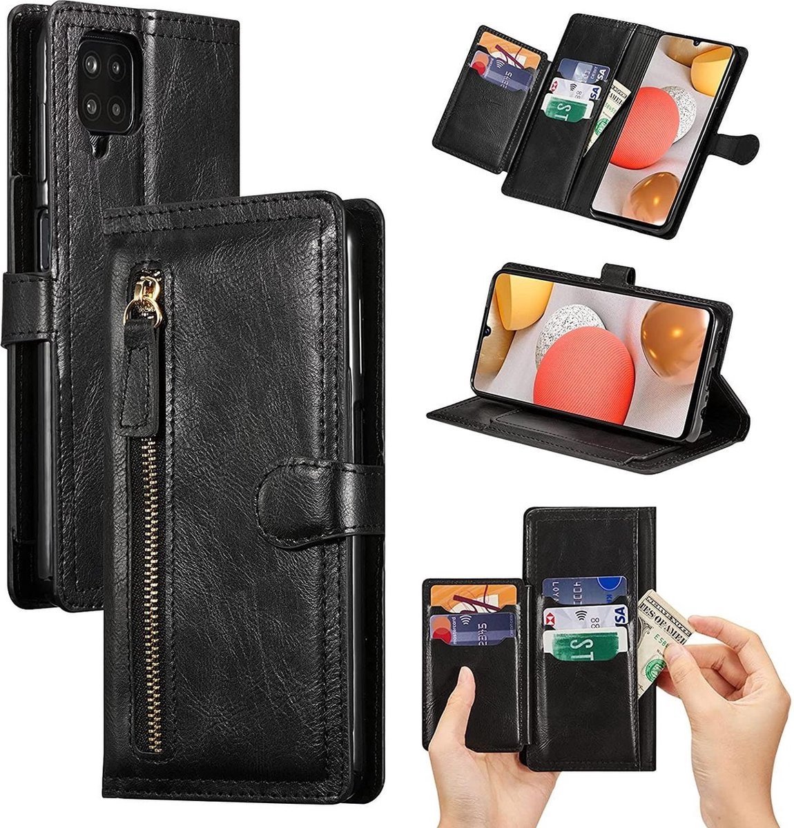 LuxeBass Hoesje geschikt voor Samsung Galaxy A12 5G - Boekhoesje - Zwart - Vintage portemonne hoes met ritssluiting - telefoonhoes - gsm hoes - telefoonhoesjes