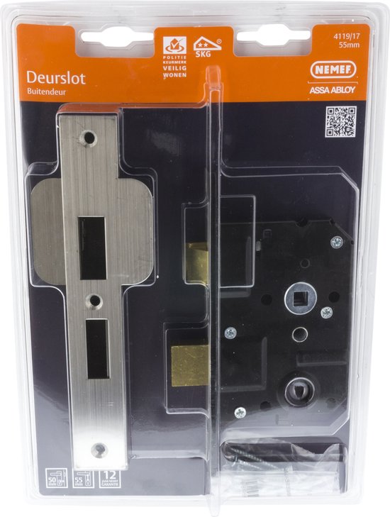 Nemef deurslot 4119/17 SKG2 voor buitendeuren, verpakt in plastic. Zwarte behuizing, messing pallen, rechthoekige sluitplaat.