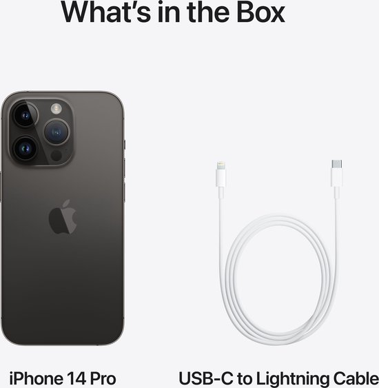 Contenu de la boîte : iPhone 14 Pro en Noir sidéral et un câble USB-C vers Lightning.
