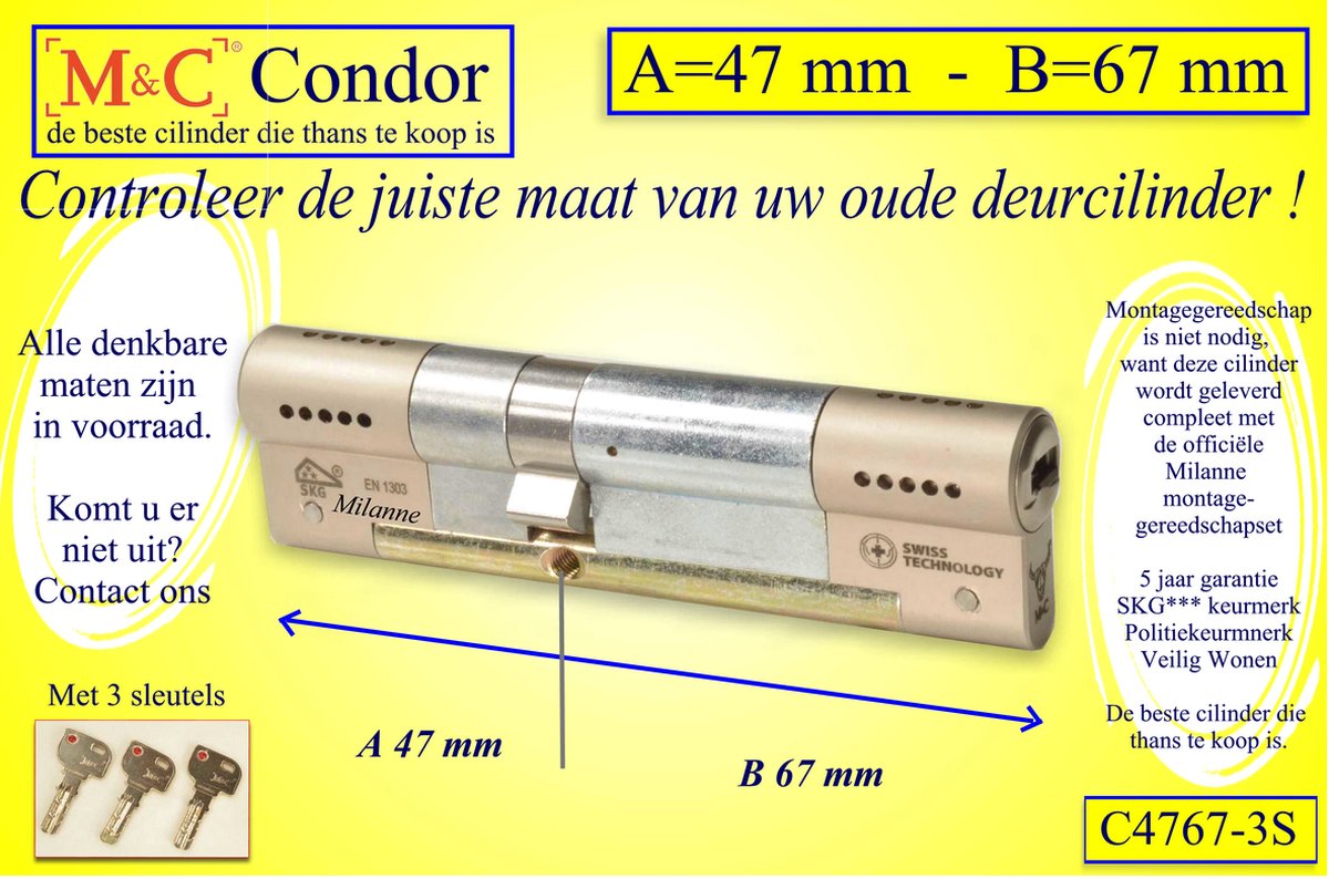 M&C Condor - High Security deurcilinder - SKG*** - 47x67 mm - Politiekeurmerk Veilig Wonen - inclusief gereedschap montageset