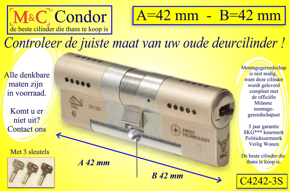 M&C Condor - High Security deurcilinder - SKG*** - 42x42 mm - Politiekeurmerk Veilig Wonen - inclusief gereedschap montageset