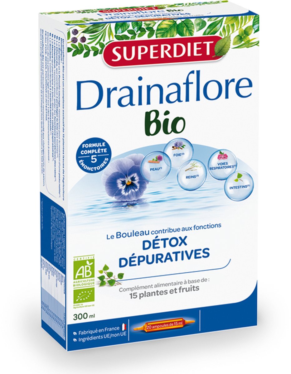 Goedkoopste Super Diet - Drainaflore Bio - Natuurlijke Detox met 15 Biologische Planten - 20 Ampullen van 15ml