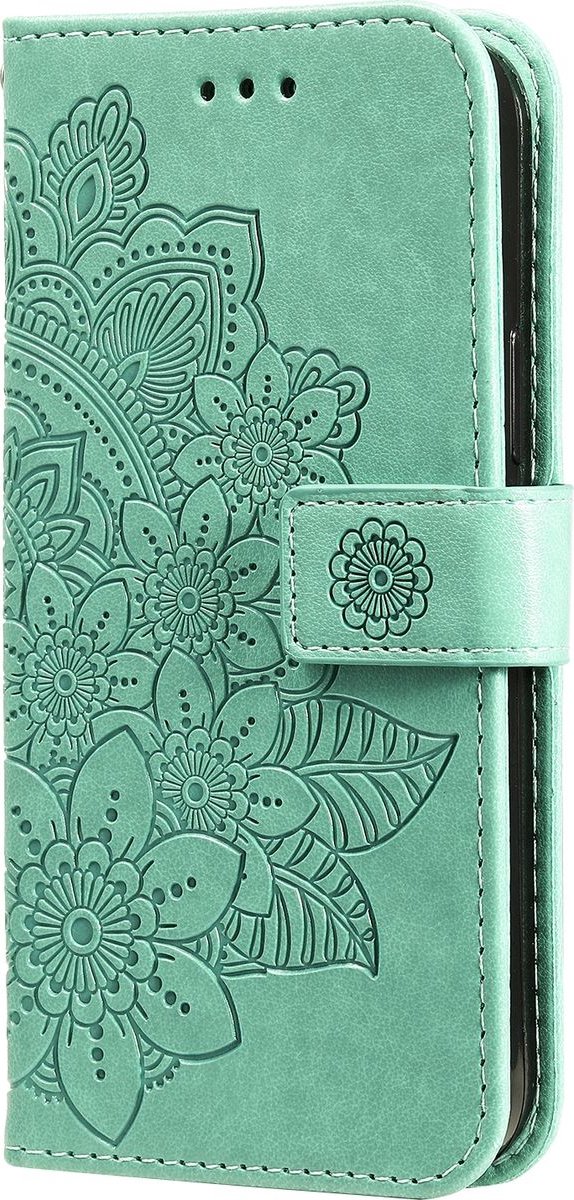 Mobigear Telefoonhoesje geschikt voor POCO F4 Hoesje | Mobigear Flowers Bookcase Portemonnee | Pasjeshouder voor 3 Pasjes | Telefoonhoesje voor Pinpas / OV Kaart / Rijbewijs - Groen