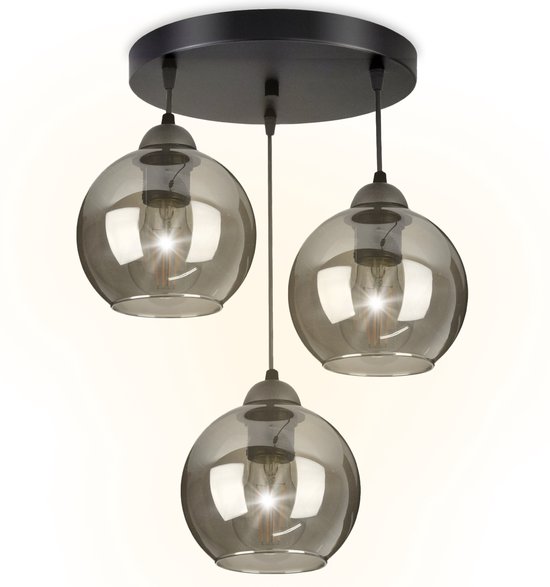 Hanglamp Industrieel voor Woonkamer, Eetkamer - Zwart Glas - 3-lichts - Zwart Transparant - 3 bollen