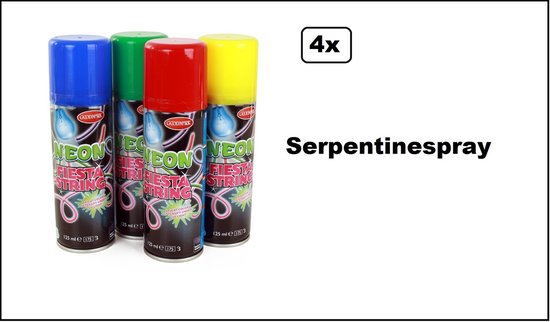 4x Serpentine spray neon 4 kleuren assortie - Carnaval thema feest serpertine festival optocht party