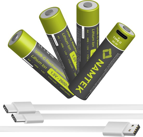 Namtek Oplaadbare batterijen AA 1,5 Volt 2600 mWh met USB Type-C Kabel opladen