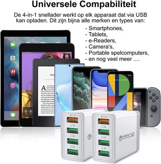 USB Lader 4 in 1 met snel laad poort - USB Snellader - USB Stekker - USB Oplader - WIT
