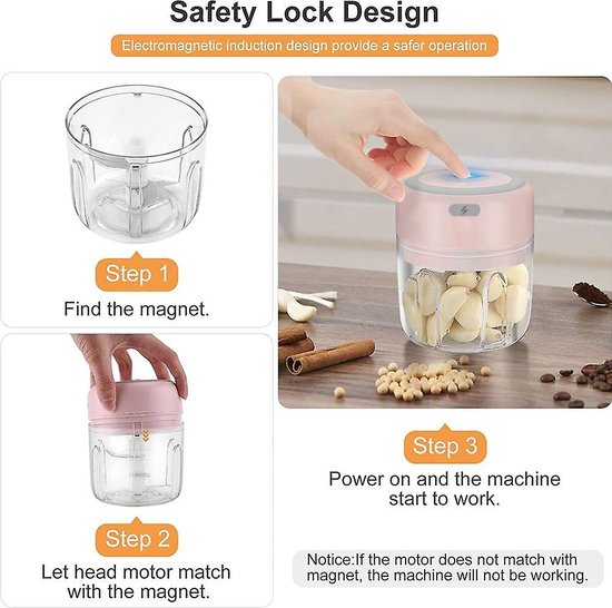 IMTEX Hakmolen elektrische - USB oplaadbal - Mini Portable Chopper - 250ml - Roze — afbeelding 5