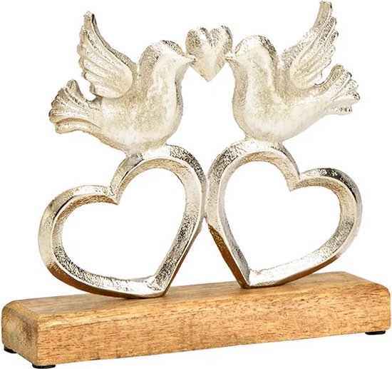 Valentijn - Hart - Vogel - Zilvermetalen vogeltjes op hartjes met een mangohouten sokkel, kleine versie