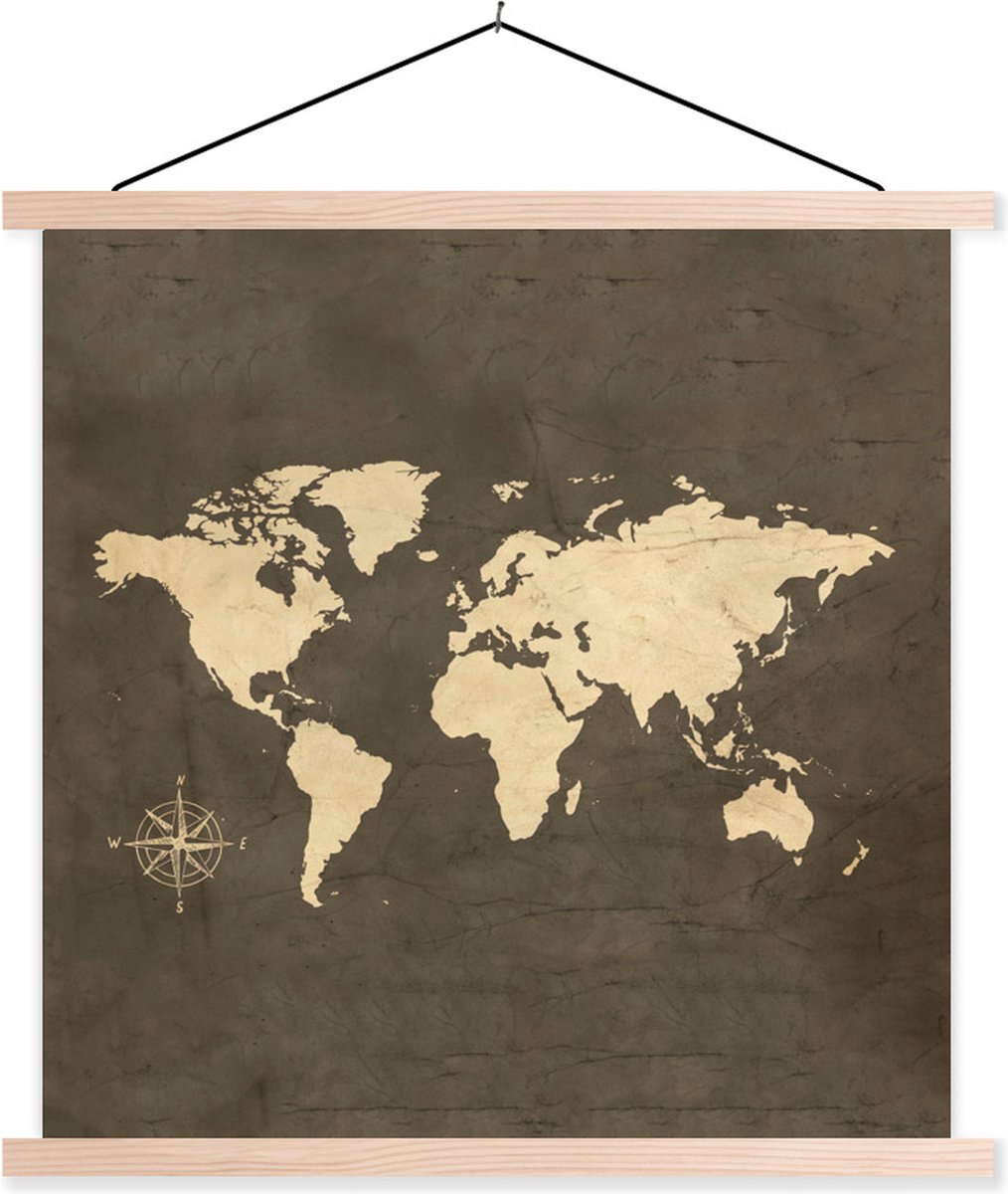 Posterhanger incl. Poster 120x120 cm - Schoolplaat - wereldkaart - Vintage - Windroos - Textielposter - Blanke latten